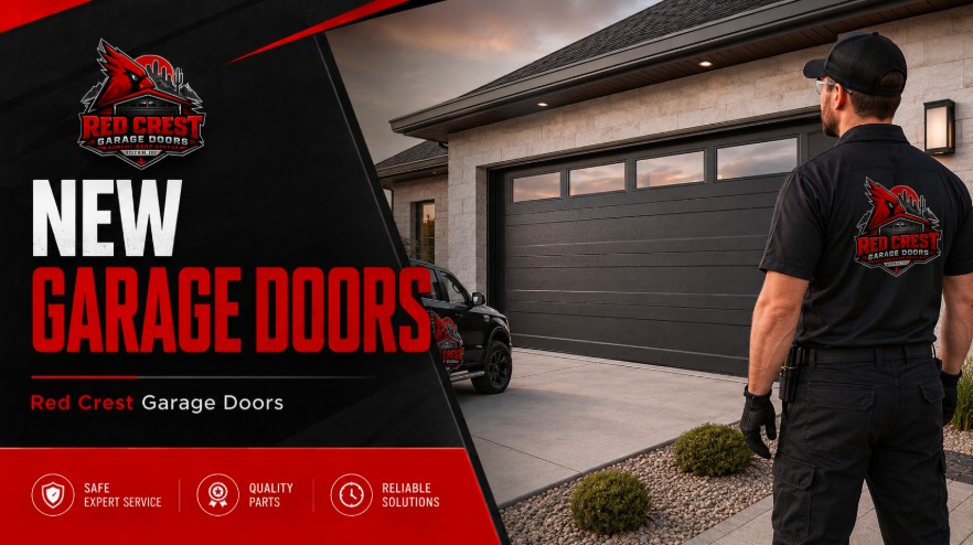 Red Crest Garage Doors, new garage doors. Technician at a home with a newly fitted sectional door. Safe expert service, quality parts, reliable solutions
