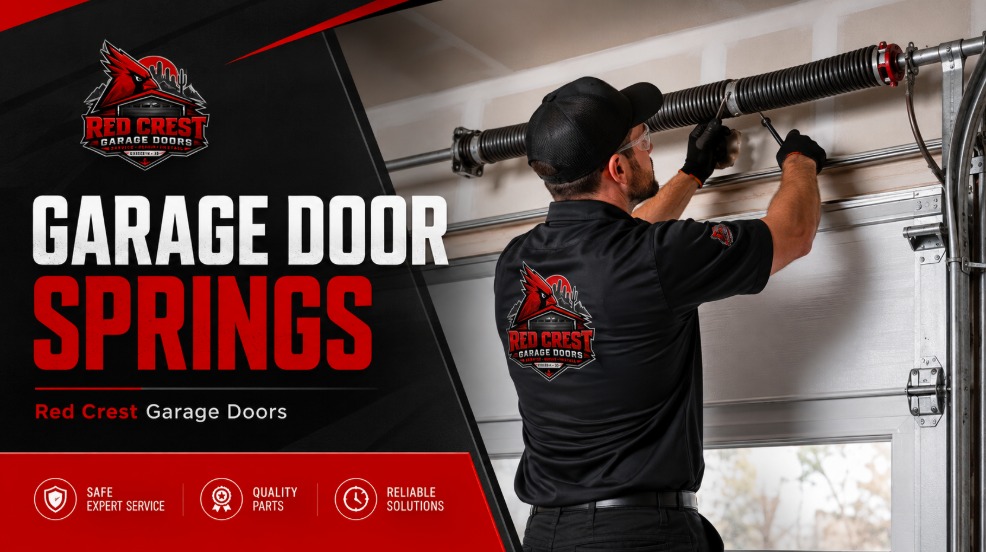 Red Crest Garage Doors, garage door springs. Technician adjusting a torsion spring above a door. Safe expert service, quality parts, reliable solutions